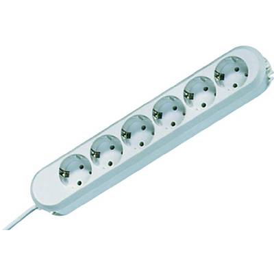 Six-way plastic power strip with white cable, all socket outlets are unused.