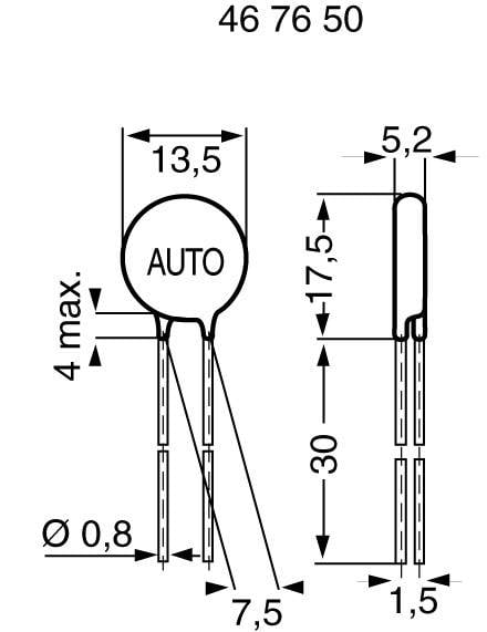 Technical drawing of an electronic component with dimensions: 13.5 mm diameter, 30 mm height, 0.8 mm wire thickness. Labelled as 'AUTO'.