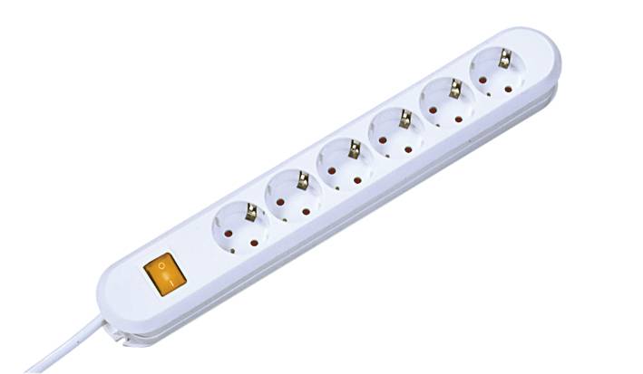 Six-way socket strip with switch, white, non-earthed, suitable for multiple connections in home or office.