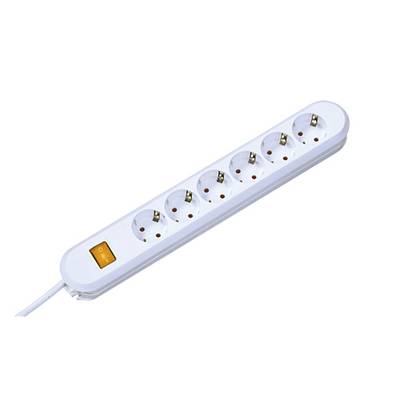 Six-way socket strip with switch, white, non-earthed, suitable for multiple connections in home or office.