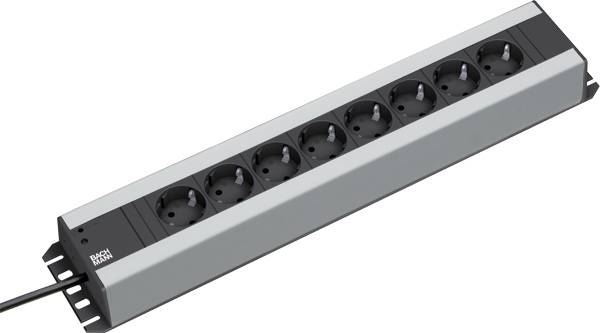 Six-way socket strip made of grey plastic with power switch and black mains cable, suitable for indoor use.