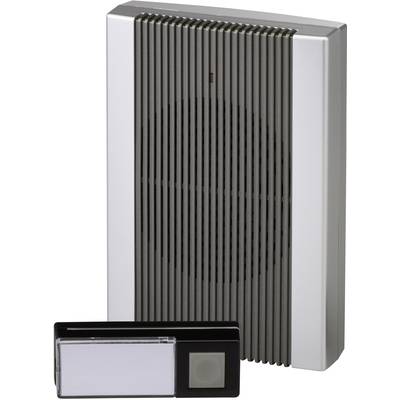 Doorbell with a black bell button and grey speaker housing.