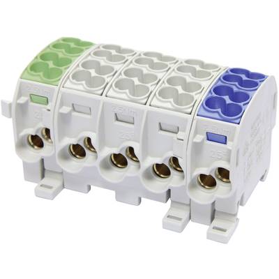 'Terminal block with green, grey and blue terminals. Four units in a row, each designed for electrical wiring.'