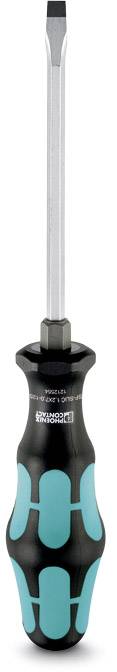 Screwdriver with a black and turquoise handle, flat blade. Suitable for slotted screws.