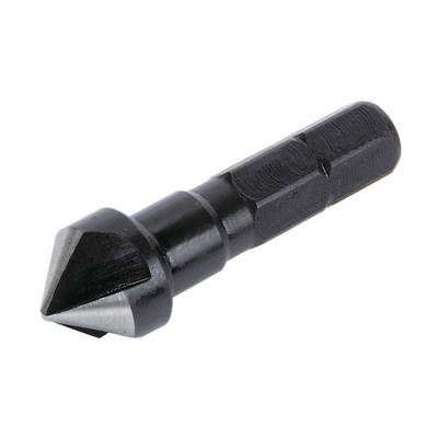 A black countersink with silver cutting surfaces, suitable for deburring or chamfering holes in materials.