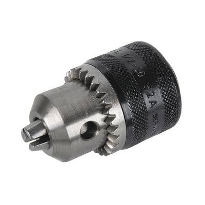 Metal drill chuck with toothed clamping sleeve and black knurled handle for improved grip.