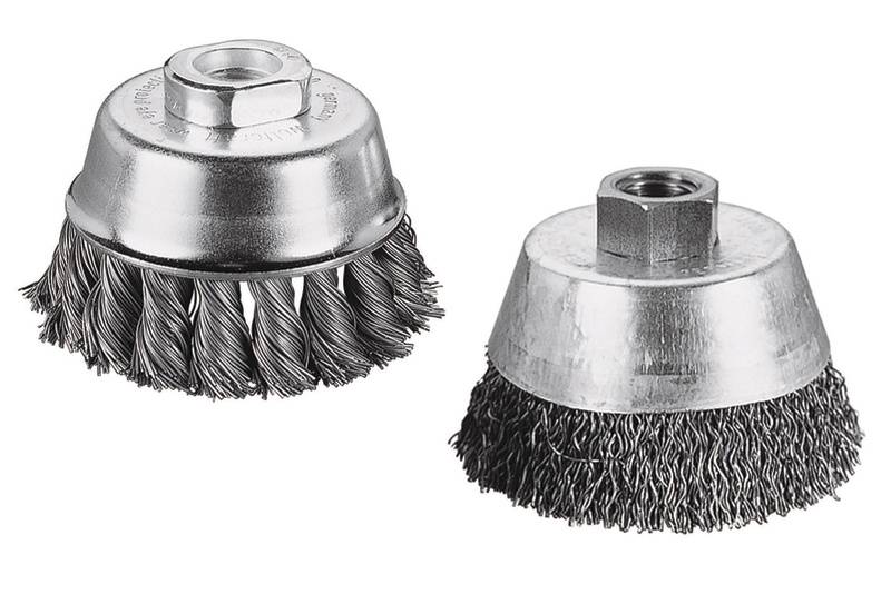 Two round metal wire brush attachments for angle grinders, one with thick twisted bristles, the other with fine bristles.