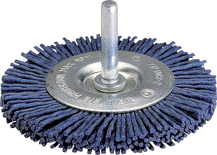 A circular wire brush with blue bristles and a metallic centre, suitable for use in power drills.