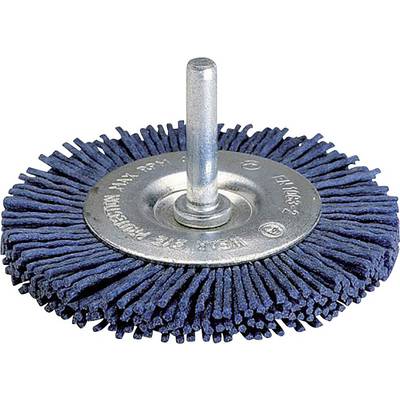 A circular wire brush with blue bristles and a metallic centre, suitable for use in power drills.
