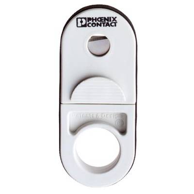 'Phoenix Contact' marking on a white, oval cable identifier with a round opening and an insertion slot for labelling.