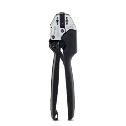 A black crimping pliers with handles used for connecting cables or wires stands vertically on a white background.