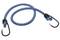Blue elastic hook with two metal hooks at the ends, often used for securing items on bicycles or in cars.