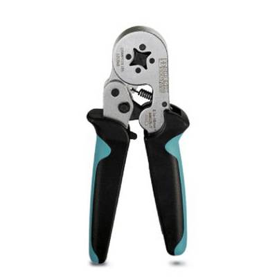 A crimping pliers with black handles and a metal head with adjustable openings, used for connecting cables and connectors.