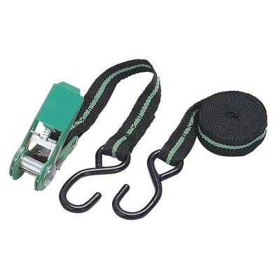 A ratchet strap, green-black, with two hooks at the ends. Suitable for securing loads during transport.