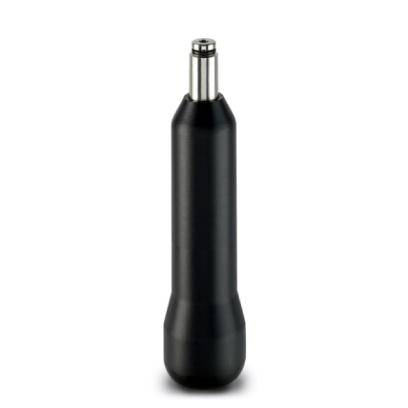 Black threaded spindle with cylindrical handle and metallic head section.
