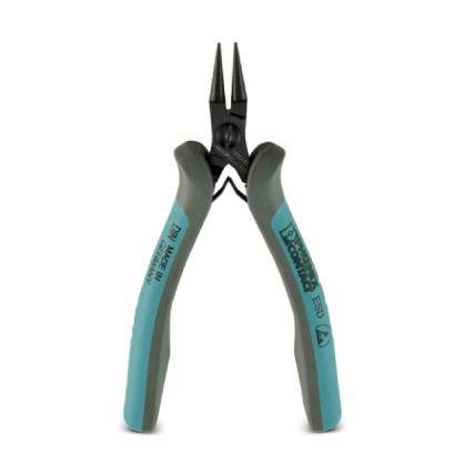 A green flat round-nose pliers with black handles, suitable for precise work in electronics or craft projects.