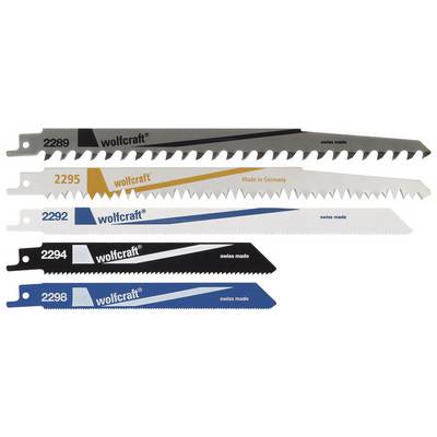 Five saw blades with different teeth and colours, each labelled with 'wolfcraft' and some marked 'swiss made' or 'Made in Germany'.