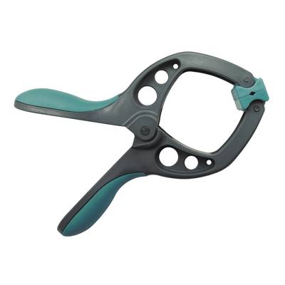 A grey spring clamp with turquoise handles and plastic protection on the jaws, suitable for gripping workpieces.