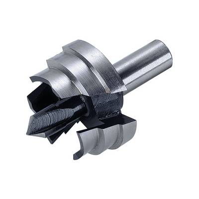 Metal cutting tool with serrated tip and cylindrical shaft, suitable for drilling large holes in wood or metal.