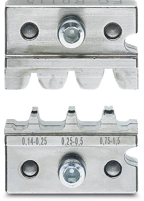 Metal cutting tool with two cutting inserts, top view shows serrated blades, numbers mark cutting ranges: '0.14-0.25', '0.25-0.50', '0.75-1.50'.
