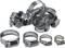 Several metal hose clips in various sizes, used for securing hoses to pipes. They are manufactured from stainless steel.