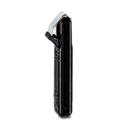 A black microphone with a silver clip, standing upright against a white background.