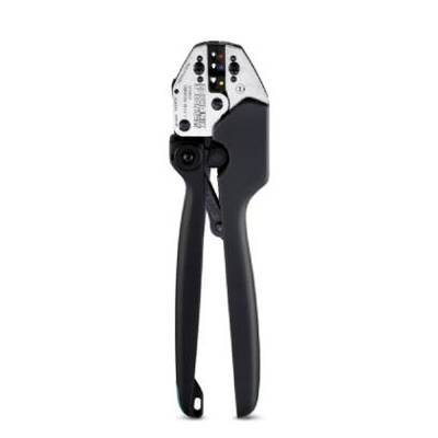 A crimping tool with a black handle and silver head. It is used to connect cables with connectors.