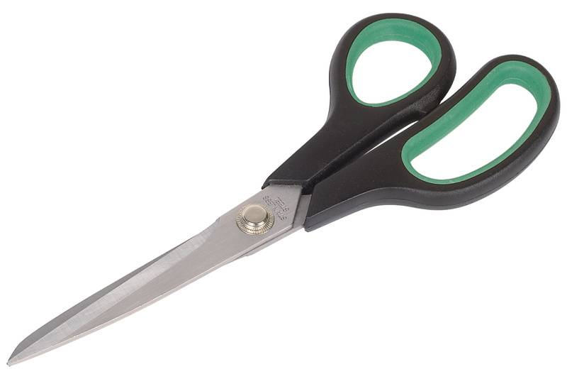Black and green scissors with metal blades, lying closed on a white surface.