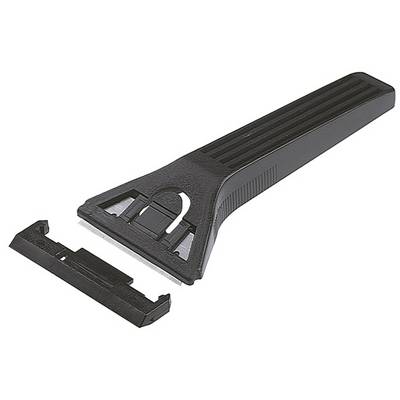A black hand ice scraper with a removable blade lies on a white background. Ideal for removing ice from car windscreens.