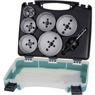 A hole saw set in an open case with six different hole saws and an adaptor, ready for craftwork.
