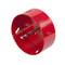 A red hole saw attachment with a serrated edge, used for drilling large circular holes, shows a silver central drill point.