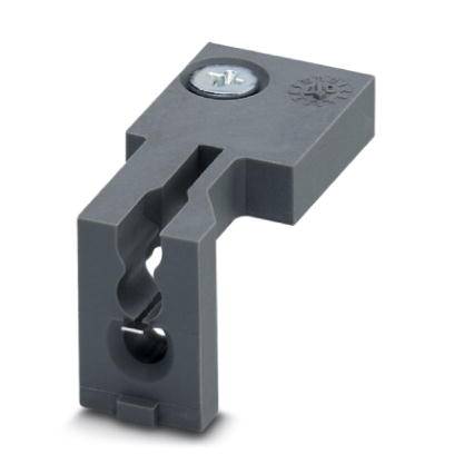 A black plastic angle bracket with a screw on its top surface, likely part of a mounting system or bracket.