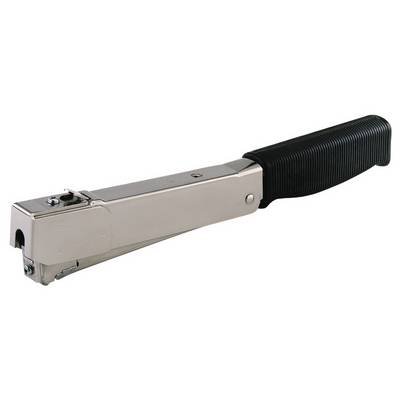 A silver stapler with a black handle, lying on its side, against a neutral background.