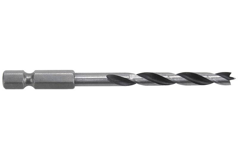 A silver drill bit with a spiral cutting edge and hexagonal shank. Ideal for precise drilling.