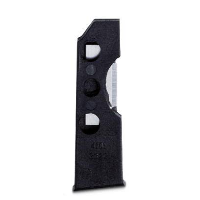 Black plastic razor blade with three holes and an exposed metal cutting edge on a white background.
