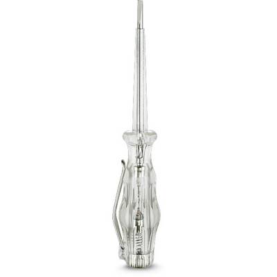 A transparent voltage tester with a metal tip and integrated clip, suitable for electrical tests.