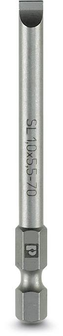 Screwdriver bit with slotted blade, marked 'SL1.0x5.5-70', grey metal, used for slotted screw work.