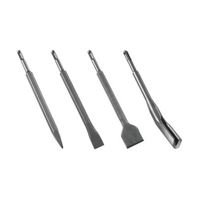 Four different metal chisels in a row: point chisel, flat chisel, wide flat chisel and hollow chisel.