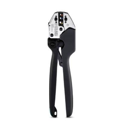 A metal pair of pliers with black handles, possibly a tool for crimping cable connections. It has a robust design.