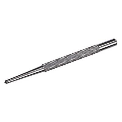 A silver centre punch with a knurled handle. This tool is used for marking points on metal surfaces prior to drilling.