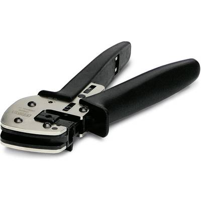 Crimping pliers with a black handle, suitable for connecting cables and connectors, against a white background.