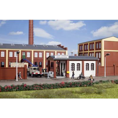 A model of a factory in a retro style with an implied chimney and vehicles. People are moving in front of the 'August Hagen AG'.