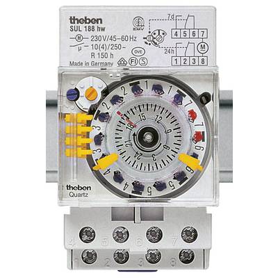 Time switch 'Theben SUL 188 hw' with rotary dial and adjustment levers. Scale shows 24 hours. For time control of devices.