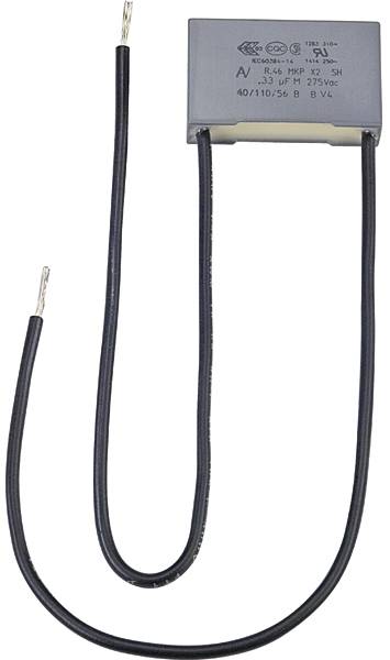 A grey capacitor with two black connecting wires. Inscription: '3.3 µF MP 275 VAC'. Suitable for electrical circuits.