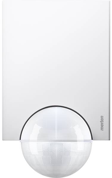 A white motion sensor with a rectangular cover and a semi-circular sensor lens.