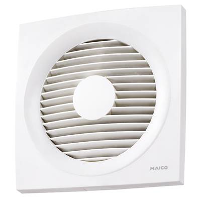 A white, square extractor fan with horizontal louvres in the centre.