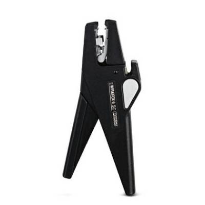A black cable stripping tool with an ergonomic handle, suitable for precise work in electrical installations.