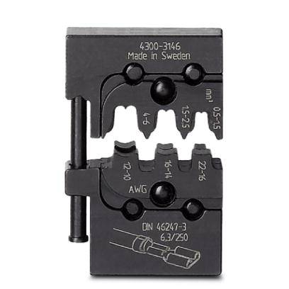 A black crimping tool with markings for cable sizes in AWG and mm². Label reads: 'Made in Sweden', DIN numbers at the bottom.