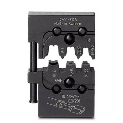 A black crimping tool with markings for cable sizes in AWG and mm². Label reads: 'Made in Sweden', DIN numbers at the bottom.