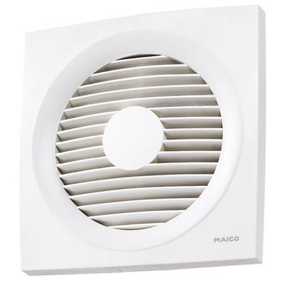 A white, square wall-mounted extractor fan with horizontal ventilation louvres, brand name 'MAICO' in the bottom right corner.